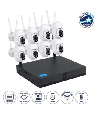 GloboStar® 86040 Ασύρματο Καταγραφικό με 8 x Camera 2MP 1080P WiFi  360° Μοιρών - Αδιάβροχο IP66 - Νυχτερινή Όραση με LED IR - Διπλή Κατέυθυνση Ομιλίας - Ανιχνευτή Κίνησης - Νυχτερινή Λήψη - Λευκό